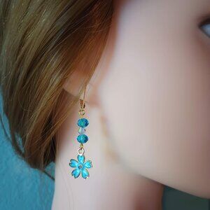 Flower Earrings with Crystal Beads on Gold Plated Leverbacks Handcrafted